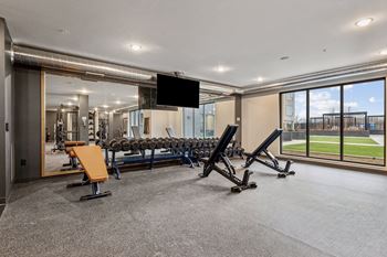A gym with a television, mirrors, and exercise equipment.